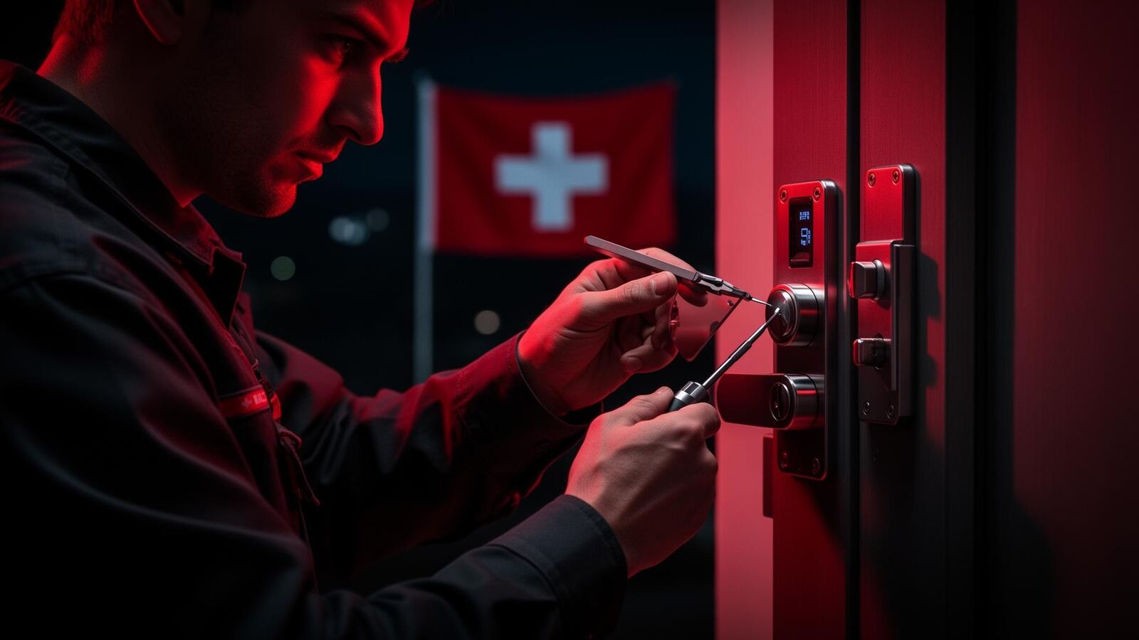Serrurier Liam intervenant sur une porte de nuit en Suisse